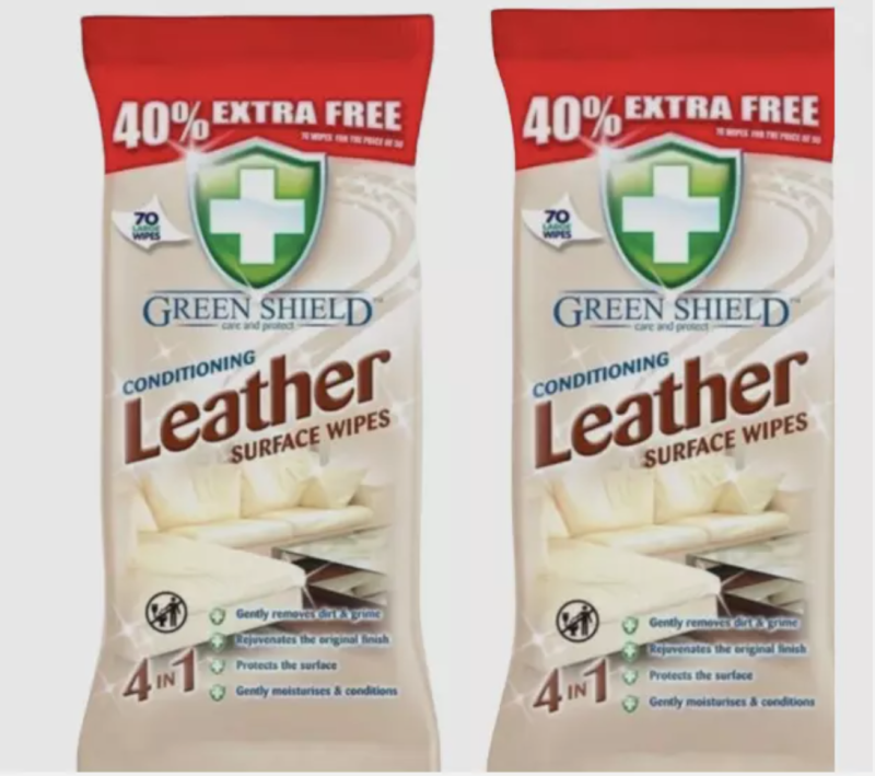 2 X 70 GREEN SHIELD LEATHER SURFACE CONDITIONING WIPES LARGE SOFA CAR BAG CHAIR